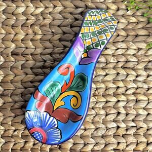 VTG Mexican Talavera Pottery Spoon Rest Colorful Floral Handcrafted Turquoise